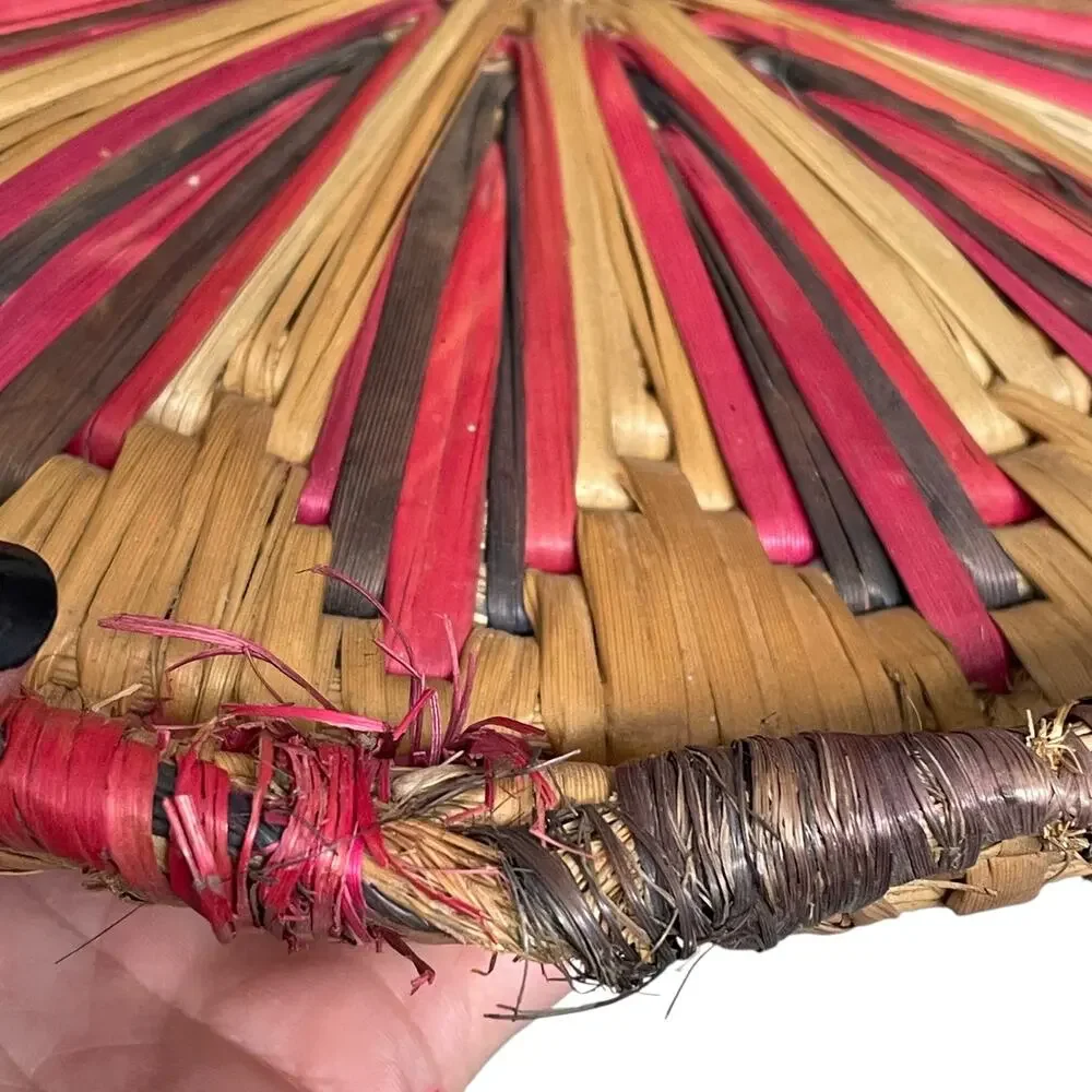 Vintage Woven Raffia Basket Boho Wall Hanging Straw Colorful Round FLAW READ